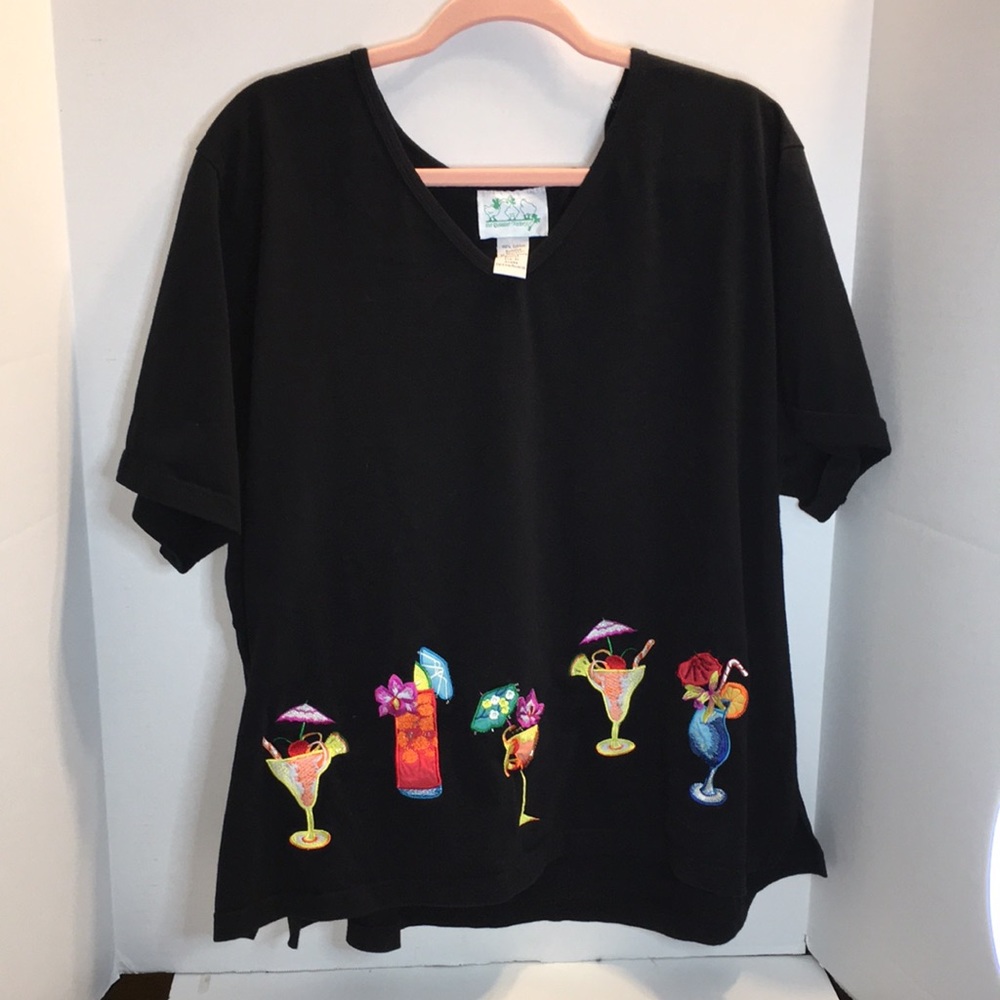 THE QUACKER FACTORY TUNIC STYLE COTTON HEAVYWEIGHT TEE WITH EMBROIDERED DRINKS